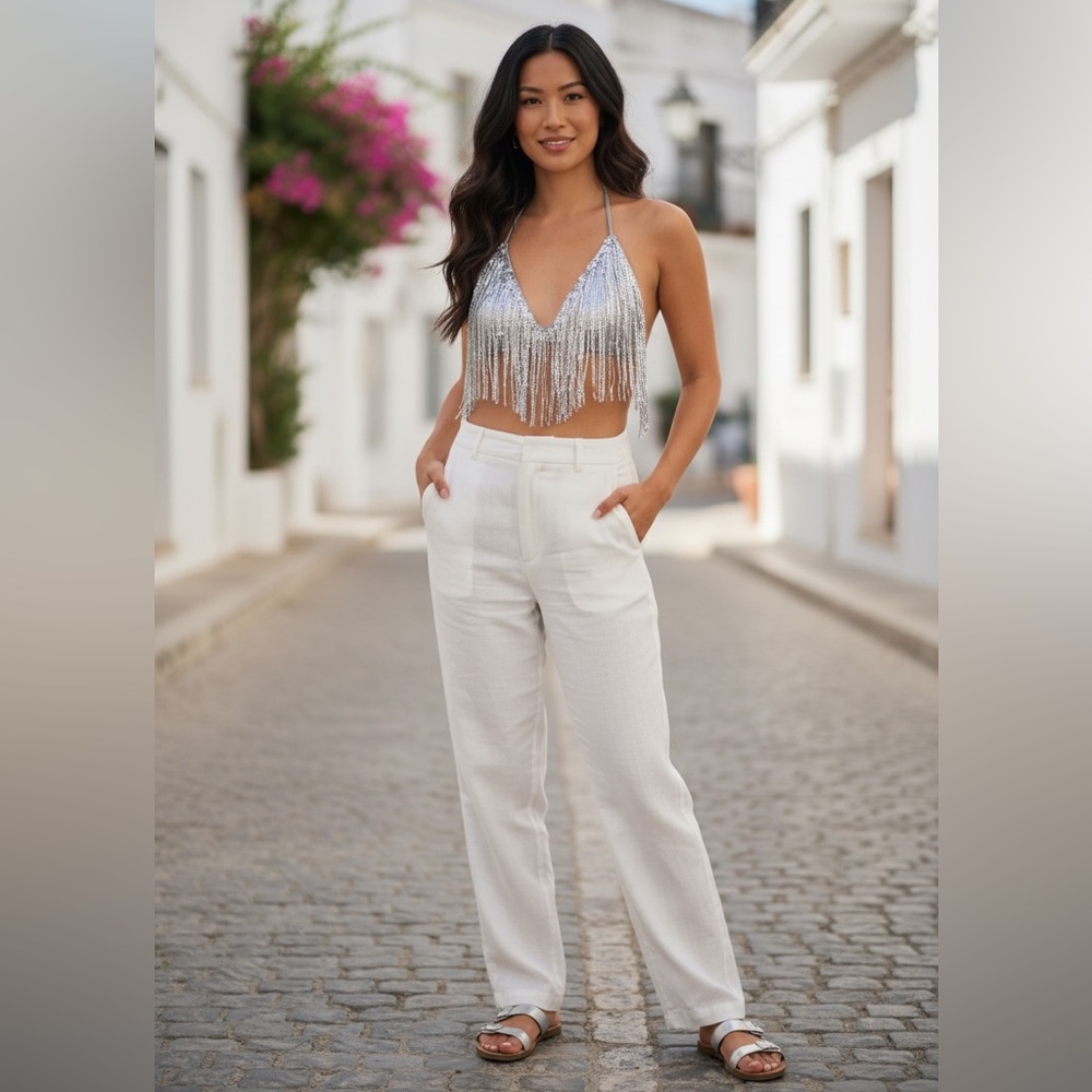 SHEIN Silver‎ Sequin Fringe Halter Crop Top Festival Party M